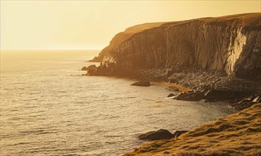 The sun sets casting golden light on rugged coastal cliffs AI generated