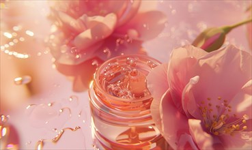 A skincare jar surrounded by watery flower petals in soft pink tones AI generated