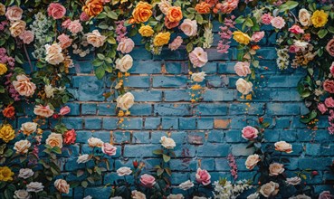 Climbing roses in multiple colors create a vibrant backdrop against a blue brick wall AI generated