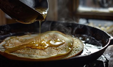 Pouring syrup on freshly cooked pancakes in a steaming cast iron pan AI generated