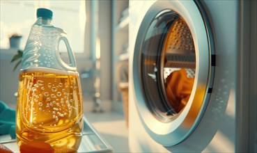 Laundry room interior with washing machine and detergent in sunny day AI generated