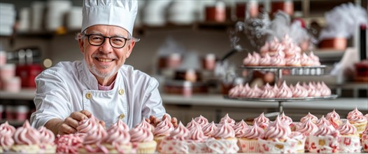 A smiling pastry chef proudly shows off an array of decorated cupcakes with pink frosting in a