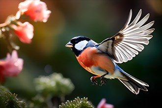 Bullfinch bird dynamic takeoff from a blooming garden expressing summer wildlife, AI generated