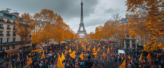 A large crowd protesting near the Eiffel Tower on an autumn day with overcast skies, AI generated