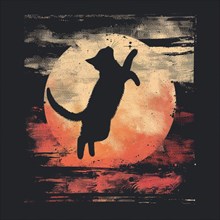 Grunge effect applied to a cat silhouette with a rough textured moon set against a dark backdrop,