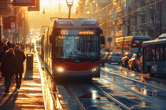 Golden sunset light bathes a busy city street with a tram and pedestrians, AI generated