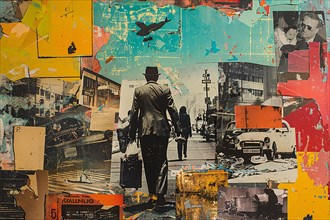 A textured collage featuring a man walking in an urban environment with street elements and vintage