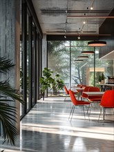 Spacious modern cafeteria with minimalist design, large windows, and scattered indoor plants, AI