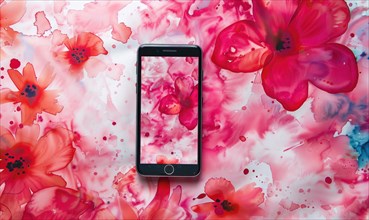 Artistic smartphone mockup against a vibrant watercolor floral seamless background AI generated