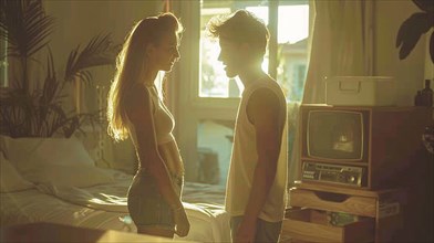 Silhouette of a teen shy couple in an intimate setting with the warm light of sunrise or sunset, AI