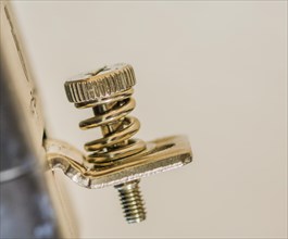 Close-up of a screw and spring mechanism, possibly from a musical instrument, in South Korea