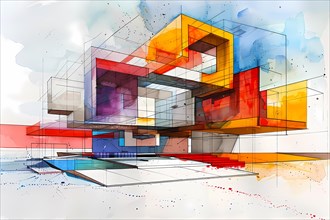Vibrant abstract design of a building using geometric shapes in blue and orange with reflections,