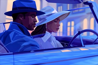 An elegant retro-styled couple driving in a convertible car, captured in cool blue tones,