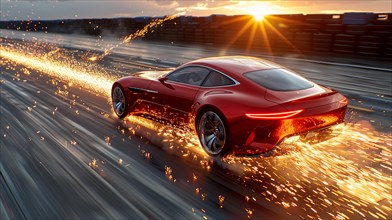 An elegant red coupe leaving a trail of sparks as it speeds down a road at sunset, AI generated