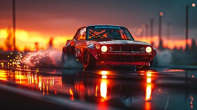 Vintage racing car reflecting evening light while speeding on a wet road, AI generated