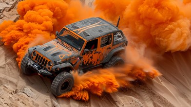An off-road vehicle in action, surrounded by bursts of orange smoke on sand dunes, drone aerial