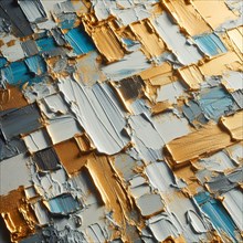 Close-up of an abstract painting with thick blue and gold brush strokes, AI generated