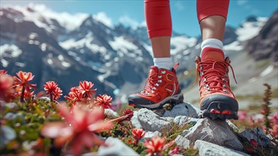 Close-up of red hiking boots amid mountain flowers, springtime season, AI generated