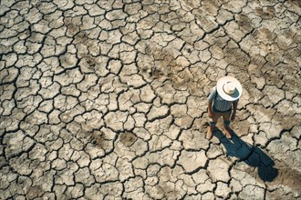 A farmer stands on a parched, cracked earth surface, due to lack of water, drought, extreme