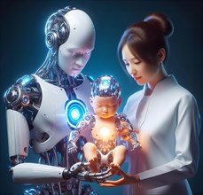 A humanoid robot and a human woman with a baby, a cyborg, symbolic image cybernetics, science