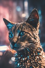 Cat with reflective coat and blue eyes set against an urban twilight background, ray tracing 3d