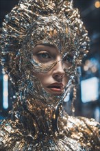 A serene portrait of a woman adorned in a shimmering metallic costume with intricate details, ray