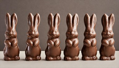 Six brown chocolate bunnies in a row against a grey background, Easter symbol, AI generated, AI