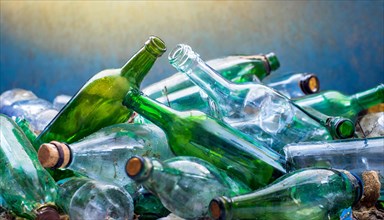Used glass in a pile, only empty bottles, AI generated, AI generated