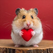 Animals, cute hamster holding a little red heart, AI generated, AI generated