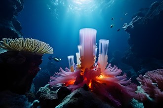 Hydrothermal vent chimney encircled by tube worms in deep ocean habitat, AI generated