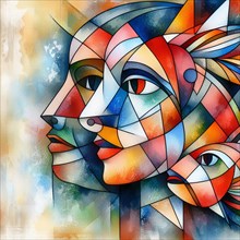 Colorful cubist depiction of a woman's profile intertwined with fish motifs, square aspect, AI
