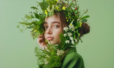 A woman with a lush floral headpiece evokes a sense of tranquility against a green background AI