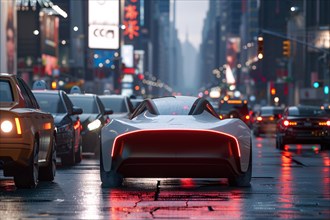 Futuristic sports car on a vibrant city street at night with reflections on wet asphalt, AI