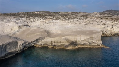 White rocks on the coast near Sarakinikoer, aerial view, Milos, Cyclades, Greece, Europe