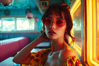 Fashionable woman with red sunglasses in a retro diner lit by neon lights, AI generated
