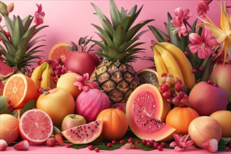 Assorted colorful fruits on a pink backdrop with orchid flowers, evoking a lush and fresh feel,