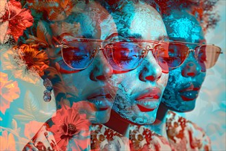 Artistic double exposure of a woman with vibrant floral patterns and blue skin, illustration, AI