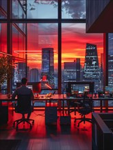 Man working late in an office with a dramatic view of urban skyscrapers at sunset, AI generated