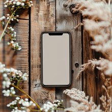 Smartphone mockup with a blank screen on a rustic wooden table background AI generated