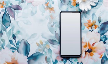 Smartphone mockup on watercolor floral patter AI generated