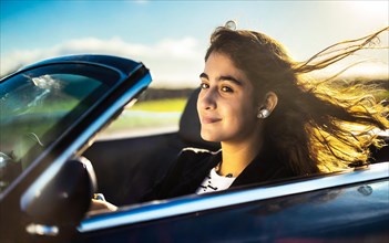Young woman driving open-top in blue convertible with blowing hair, AI generated, AI generated