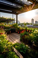 Urban rooftop garden brimming with verdant plants blossoming flowers embodying a sustainable city,