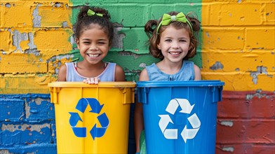 Two happy children standing behind yellow and blue recycling bins against a colorful wall, waste