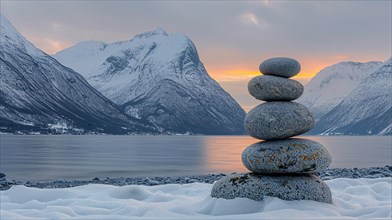 Zen stones balanced in front of a snowy mountain landscape and calm lake, relaxation, recreation,