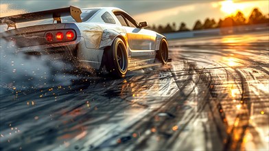 High-speed sports car drifting on a wet track at dusk with water reflections on asphalt, AI