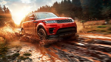 Red SUV splashing mud as it speeds down a wet forest road in an adventurous setting, AI generated