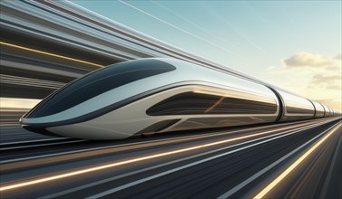 Modern train with a futuristic design speeding on rails with motion blur effect, ai generated, AI
