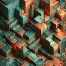 3D abstract geometric artwork with a teal and copper isometric design, AI generated