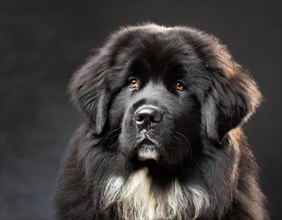 Dog, Newfoundland black, portrait, head only, puppies, dark background, AI generated, AI generated