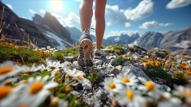 Woman walking on a blooming mountain trail in hiking boots from a ground level angle, AI generated